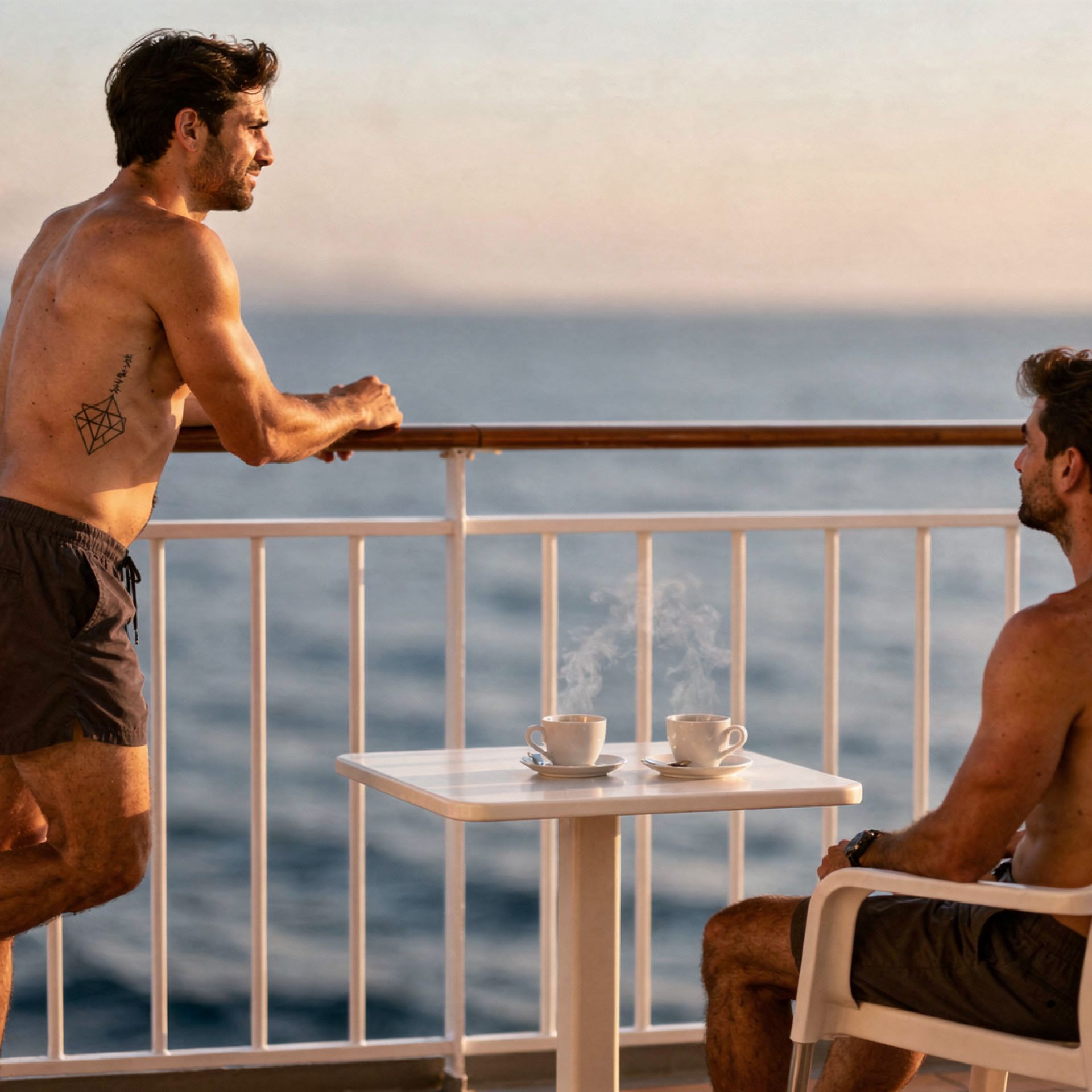 Crociera gay Mediterraneo: Tommaso e Riccardo sul balcone della cabina all'alba